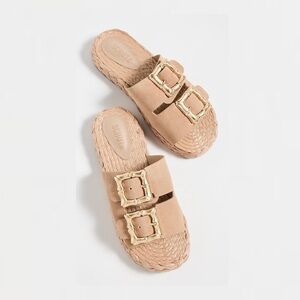 Schutz Tan Sandals with Gold Buckles